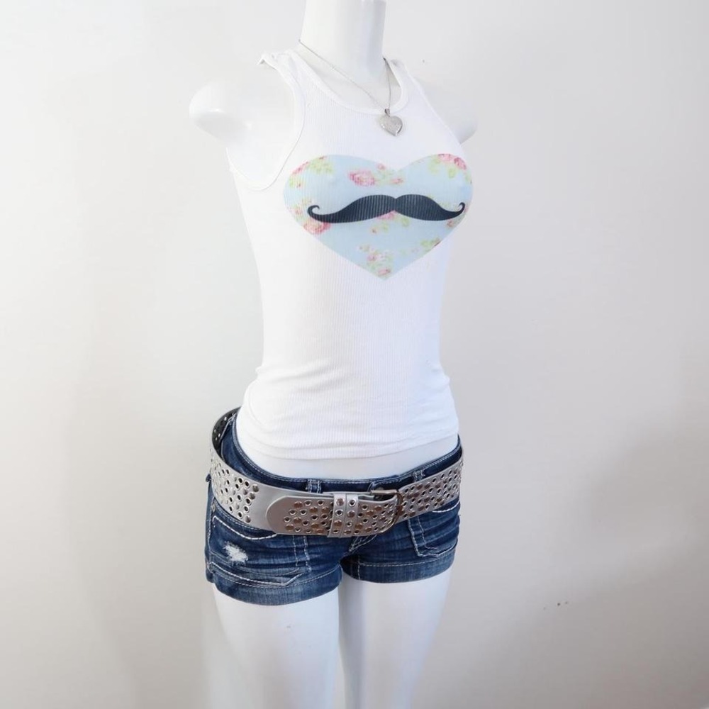 2010s floral mustache heart graphic tank white ribbed tumblr baby tee - Picture 4 of 5